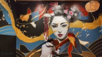 Mural japones en interior con gueisha pintado a mano