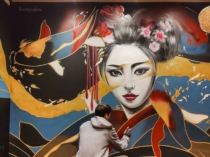 Mural japones en interior con gueisha pintado a mano