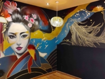 Mural decorativo de gueisha pintado a mano
