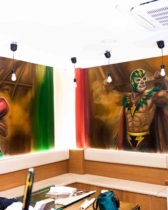 Mural mexicano personalizado para restaurante con boxeo y lucha libre