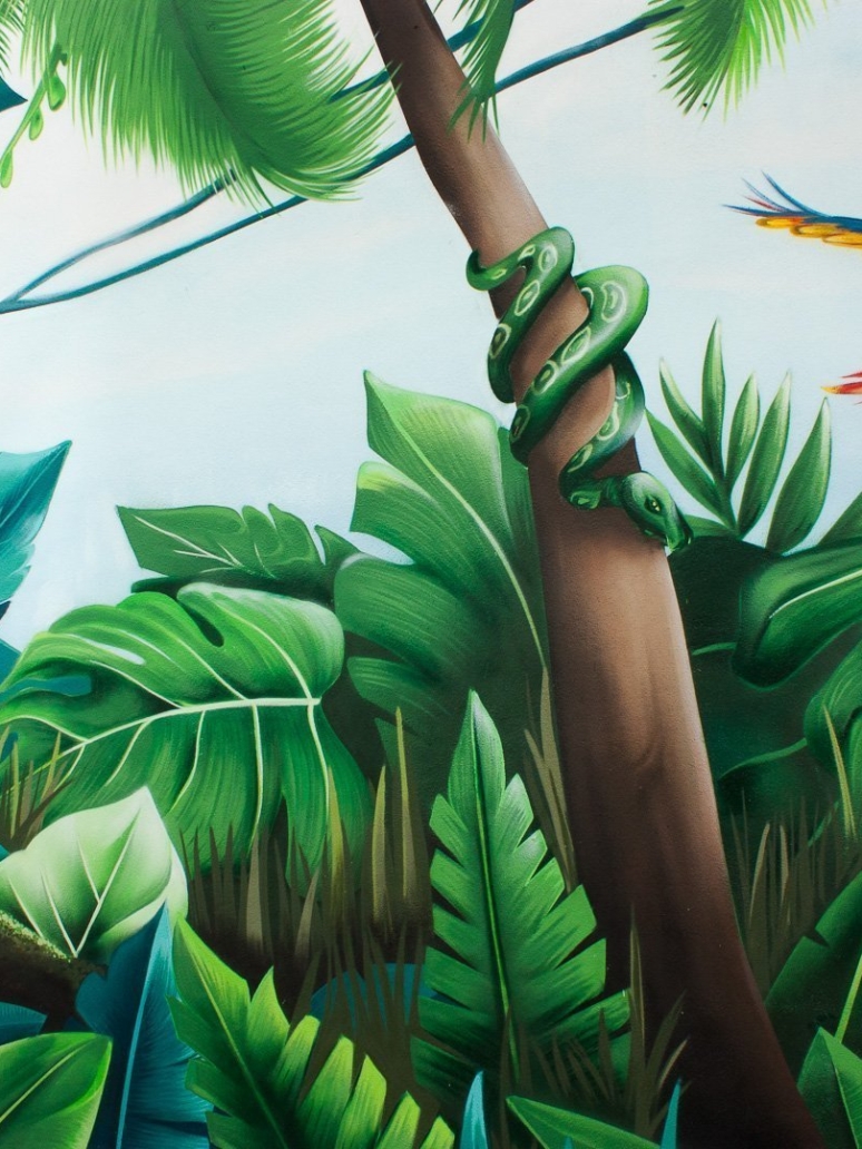 Hand-painted tropical jungle mural