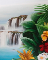 Mural con hojas tropicales pintado en un dormitorio