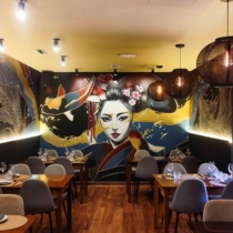 Mural en gran formato pintado en restaurante en un restaurante japones de madrid
