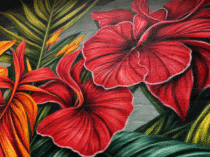 Detalle de flores rojas del mural floral pintado al exterior